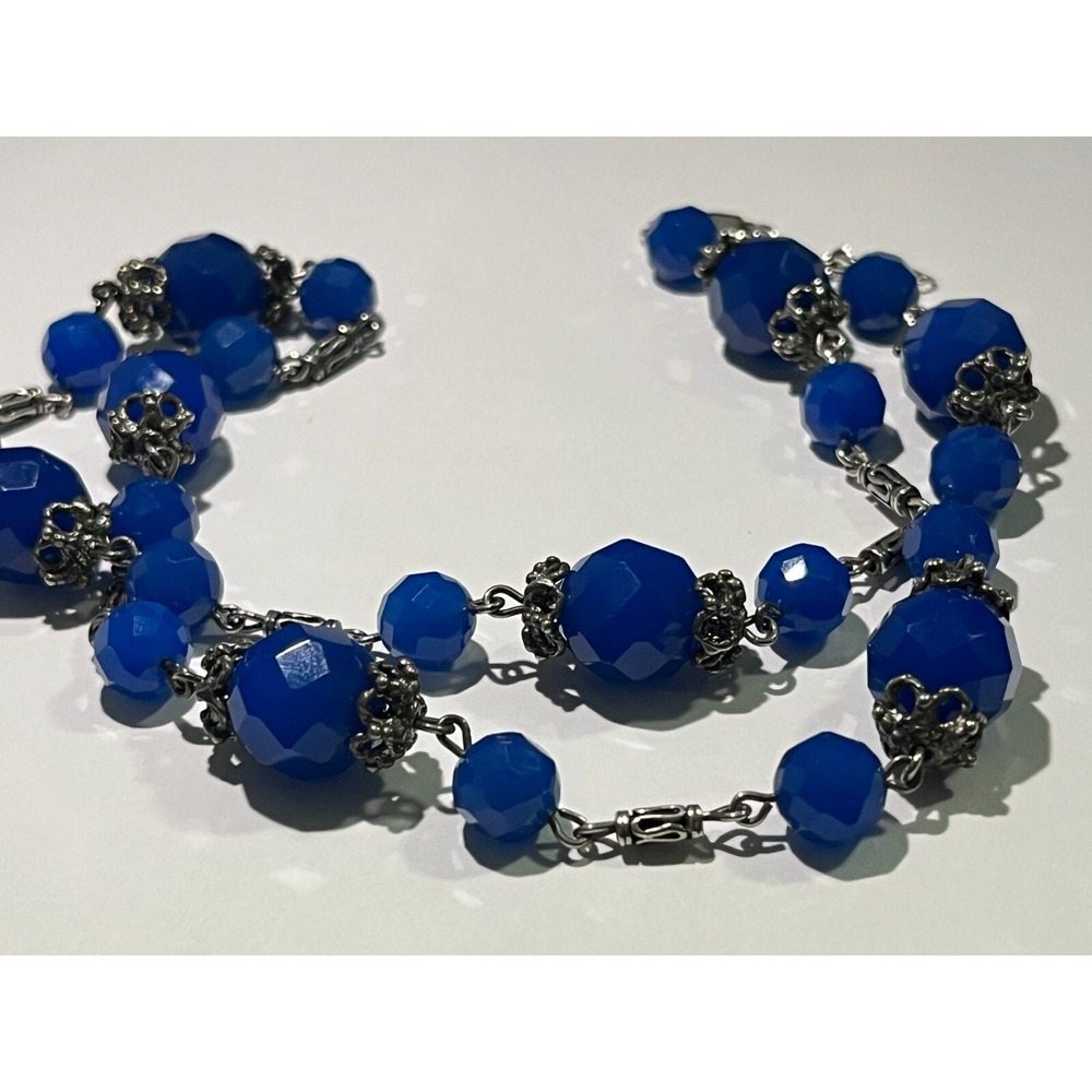 Vintage ART DECO CZECH‎ BLUE Dark CRYSTAL FILIGREE Bead Silver Tone NECKLACE